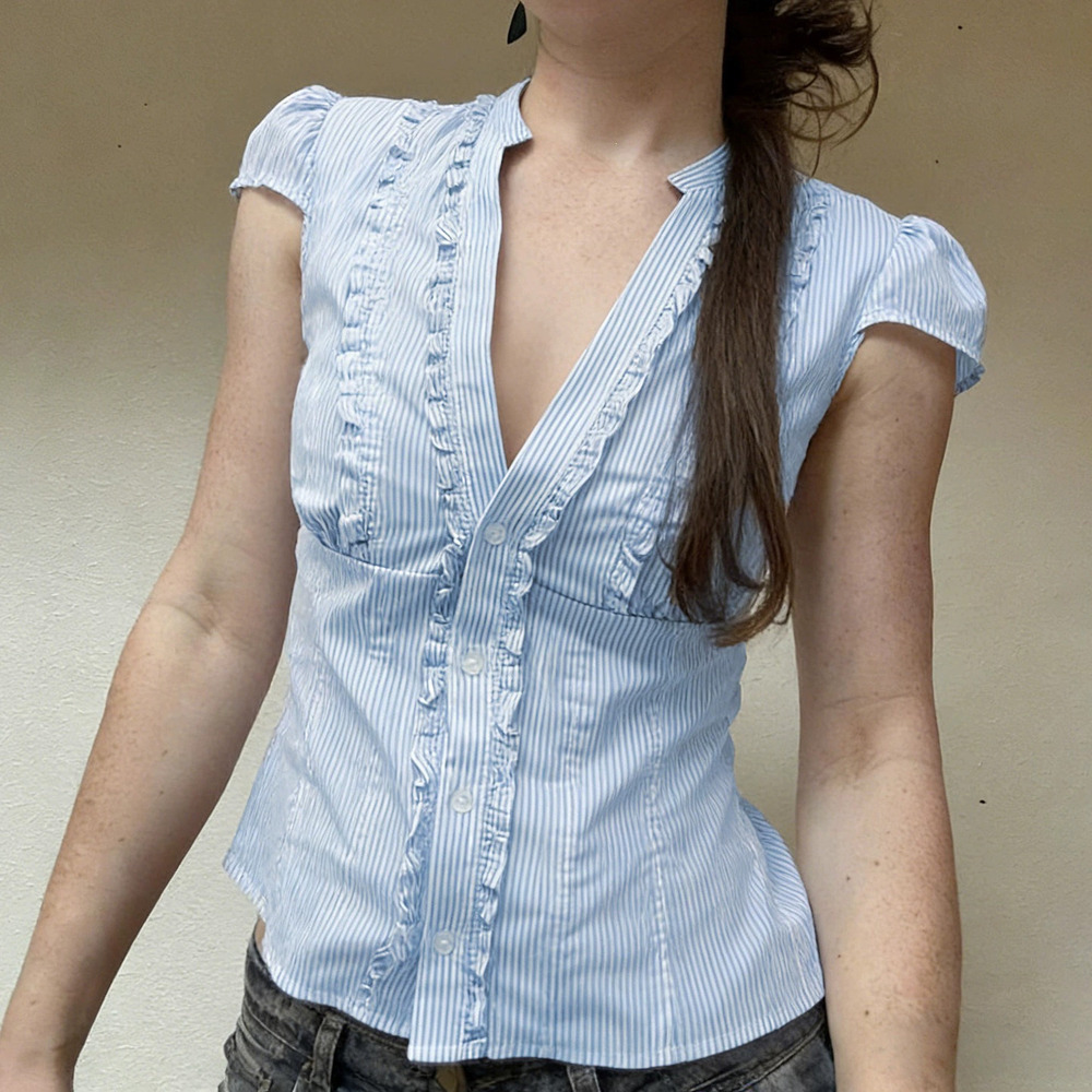 Zara Office Casual Ruffle Collar Solid Slim Short Sleeve Tee